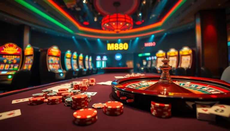 M88 casino scene with vibrant chips, cards, and roulette table evoking excitement.