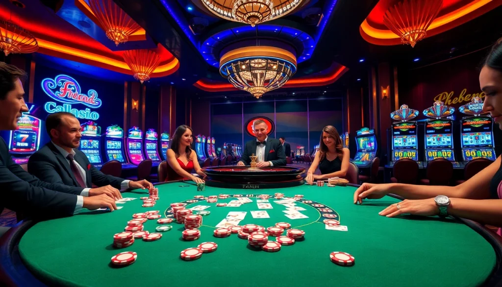 Exciting gaming action at f168 casino with poker, roulette, and vibrant slot machines.