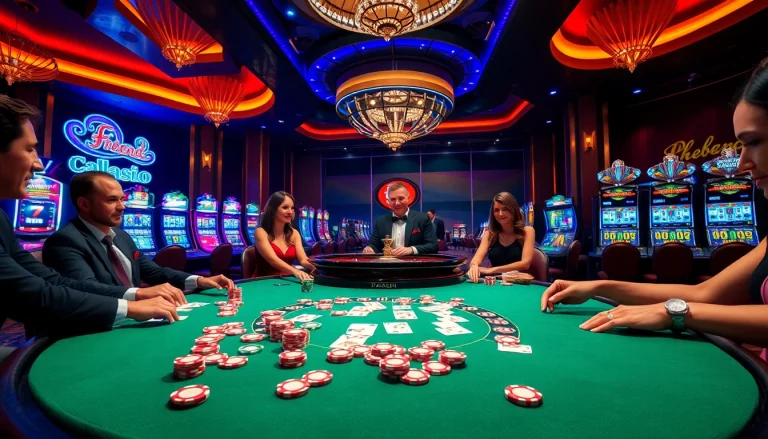 Exciting gaming action at f168 casino with poker, roulette, and vibrant slot machines.