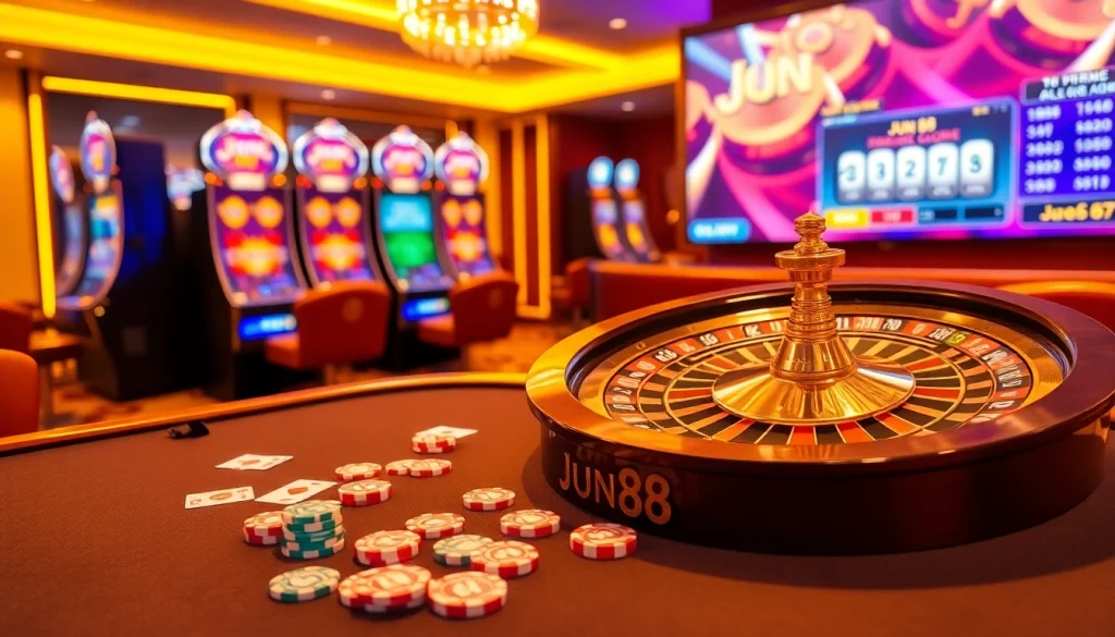Exciting Jun 88 gaming scene with poker chips and roulette highlighting casino thrills.