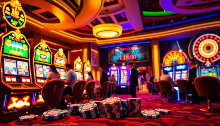 Excited players enjoying the vibrant slot machines at F168.COM, showcasing thrilling casino entertainment.