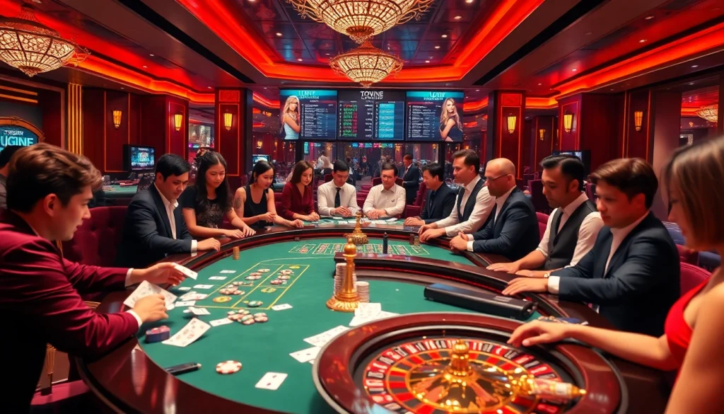 TOPVIP players enjoying a thrilling poker game in a luxurious casino atmosphere.
