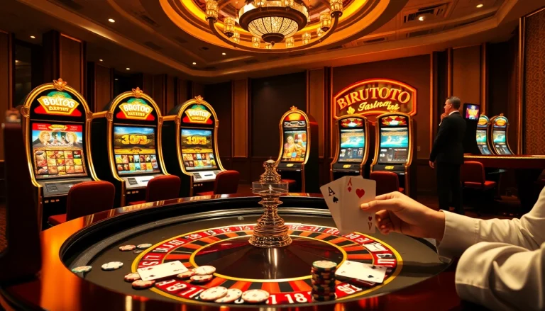 Feel the thrill of birutoto at an elegant casino with vibrant slot machines and poker action.