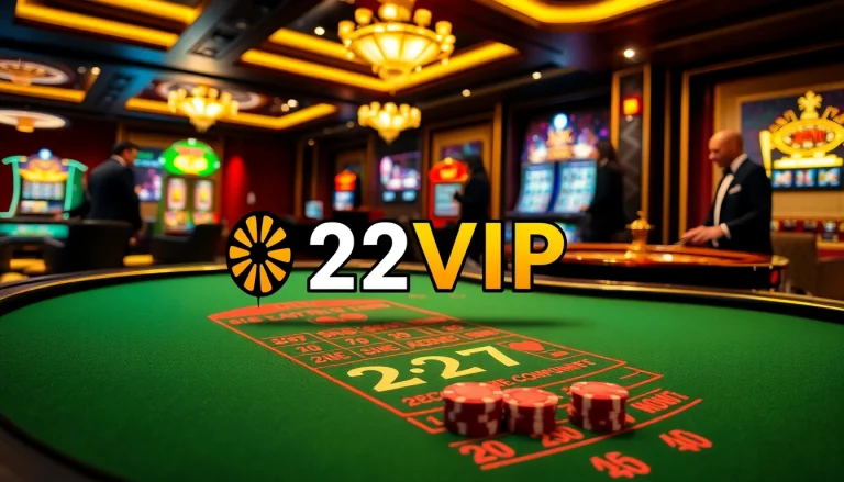 A thrilling casino atmosphere with the 22VIP logo prominently displayed on a blackjack table, featuring engaging players and luxurious gaming elements.
