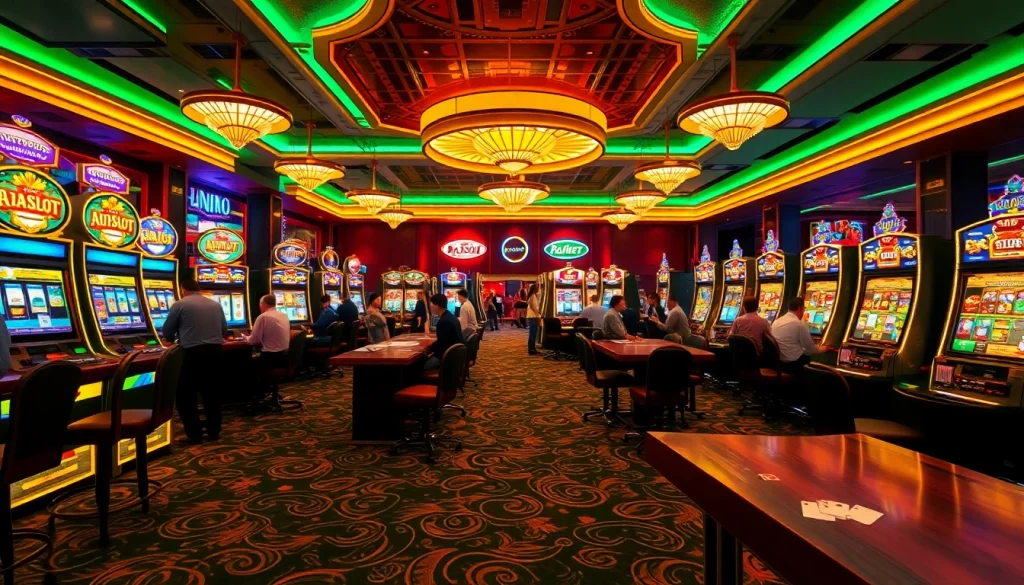 Experience the excitement of the doaslot slot in a luxurious casino atmosphere filled with slot machines and vibrant neon lights.