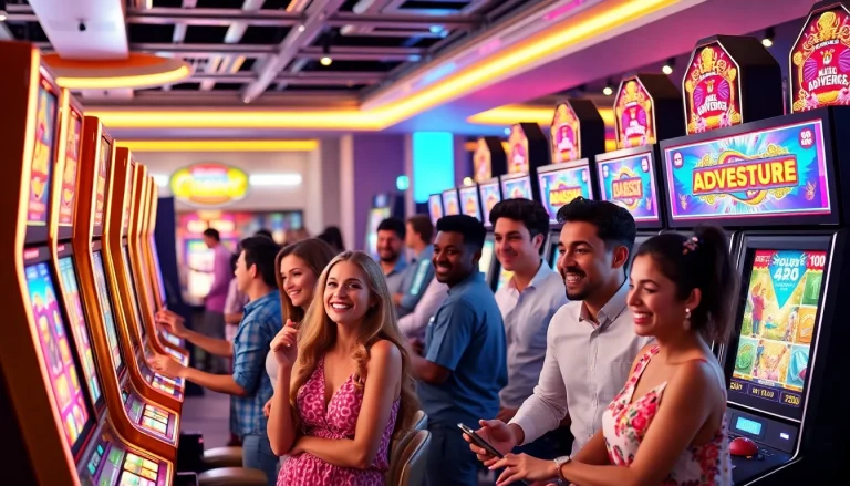 Exciting slot machine area featuring doaslot machines with diverse players in modern casino setting.