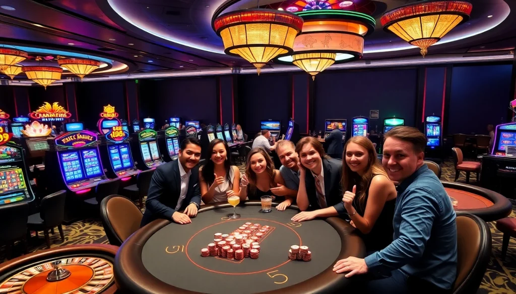 Excited gamblers celebrating wins at King88's vibrant casino, illuminated by colorful lights.