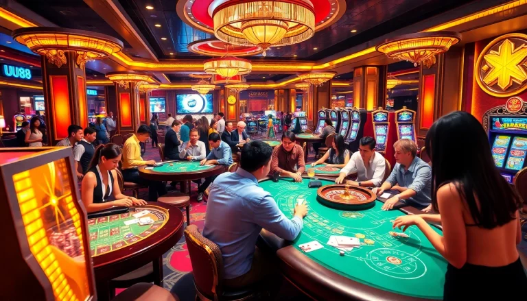Players engaging in thrilling casino action at UU88, showcasing poker, slots, and roulette.
