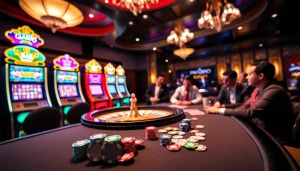 Exciting gaming action at https://vnew88.vip/ featuring vibrant casino tables and players enjoying blackjack.