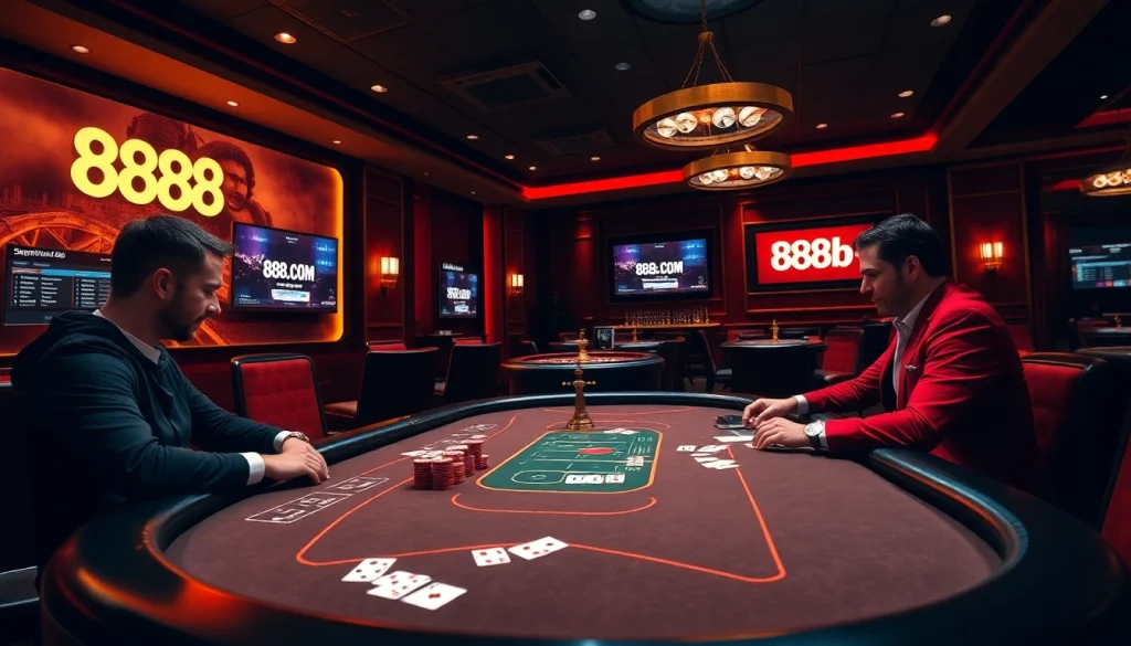 Poker players at a high-stakes table in a luxurious casino environment associated with 888b com.