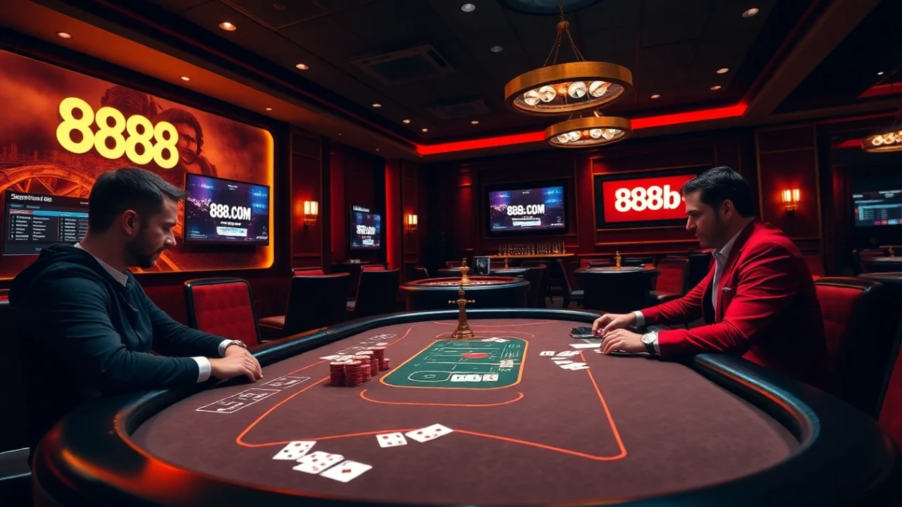 Poker players at a high-stakes table in a luxurious casino environment associated with 888b com.