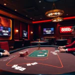 Poker players at a high-stakes table in a luxurious casino environment associated with 888b com.