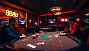 Poker players at a high-stakes table in a luxurious casino environment associated with 888b com.