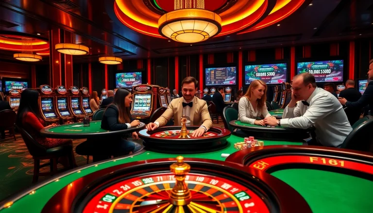 Engaging players at a luxurious F168.STUDIO casino table featuring poker and roulette games.