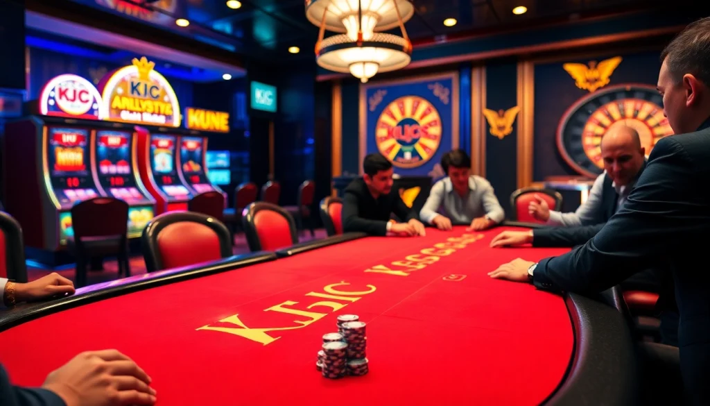 KJC branding on a vibrant casino scene with poker tables and slot machines.