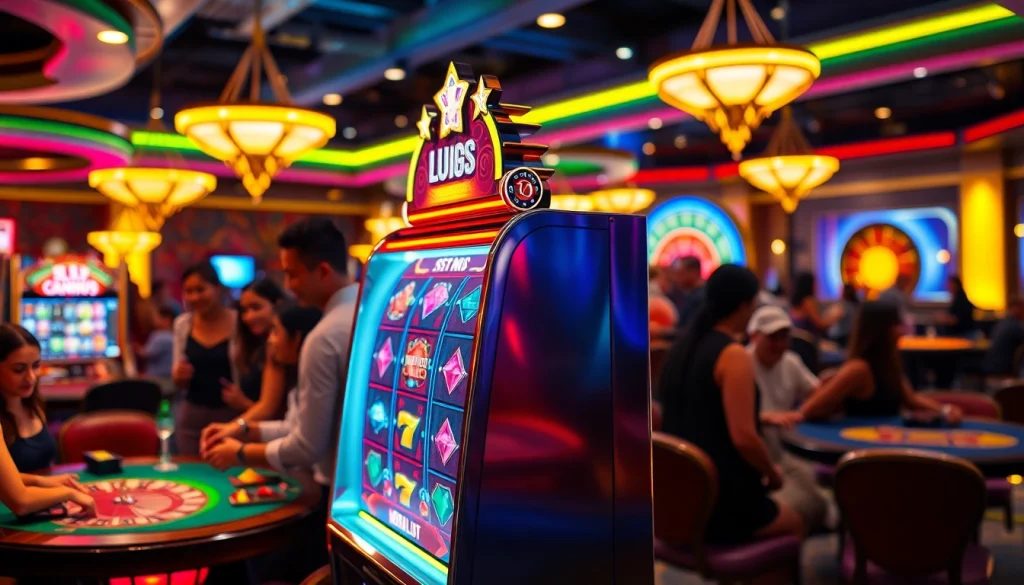 Enjoying a thrilling game at a vibrant Slot machine in a luxurious casino setting.