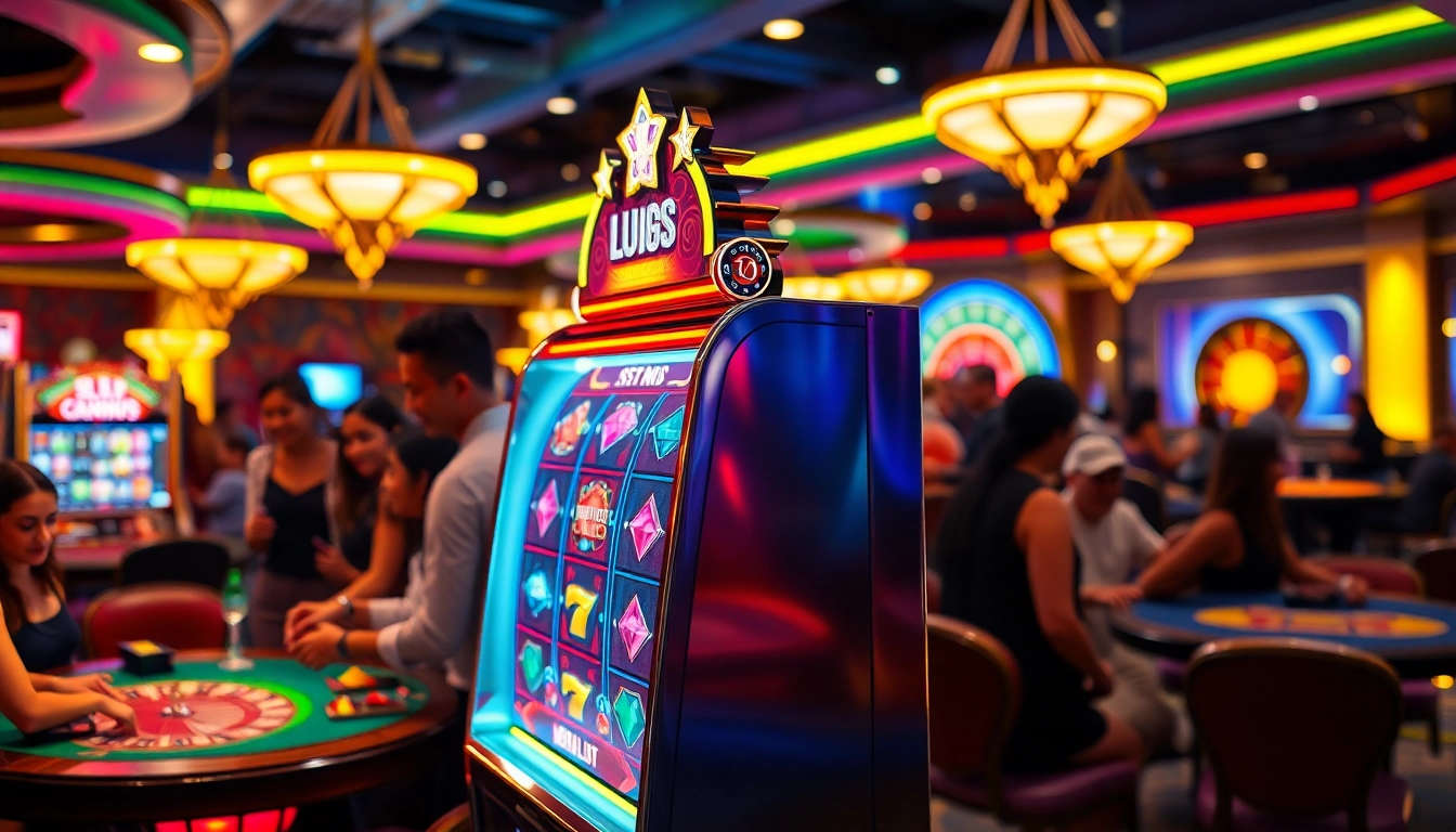 Enjoying a thrilling game at a vibrant Slot machine in a luxurious casino setting.