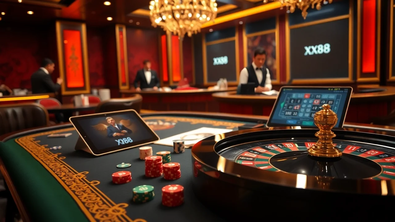 Experience the excitement of xx88 at a luxurious casino table filled with cards and roulette.