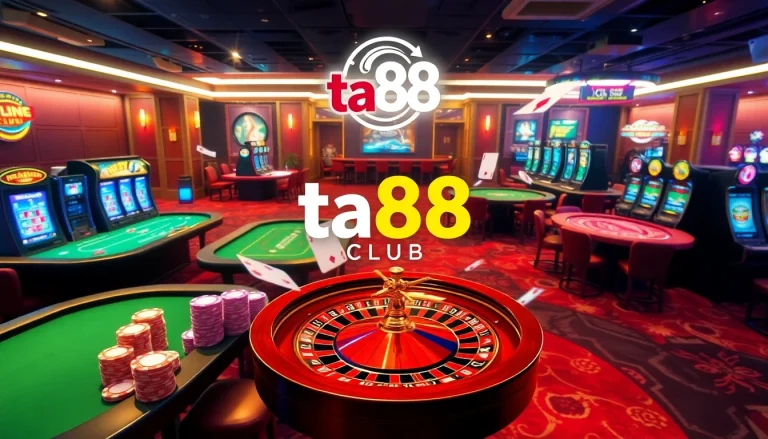 Experience the excitement of gambling with ta88 club's vibrant casino scene, featuring tables, chips, and slot machines.