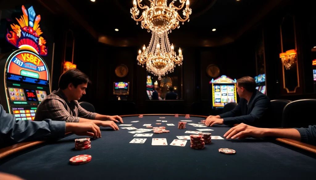 Play poker at VSBET in a luxurious casino setting filled with vibrant tables and excitement.