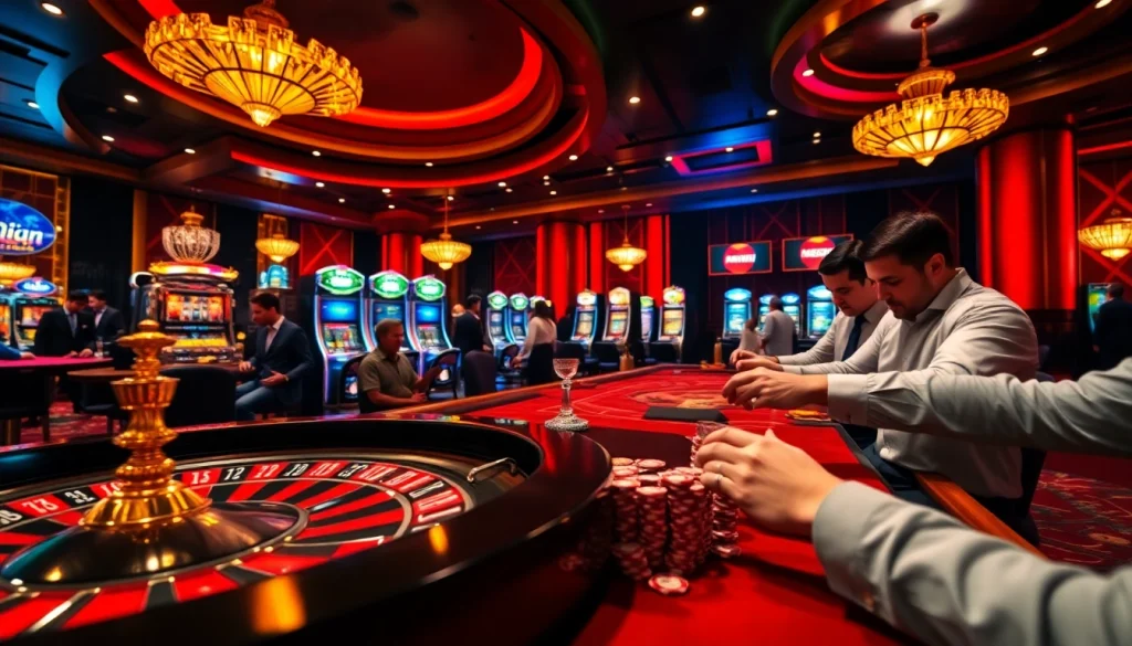 Engaging scene of gamblers enjoying trang okfun with roulette and poker games in a luxurious casino.