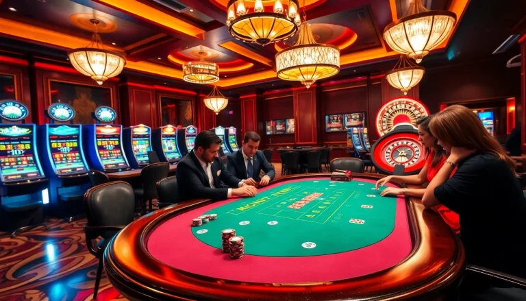 KJC themed poker table in a luxurious casino setting, capturing the excitement of gambling.