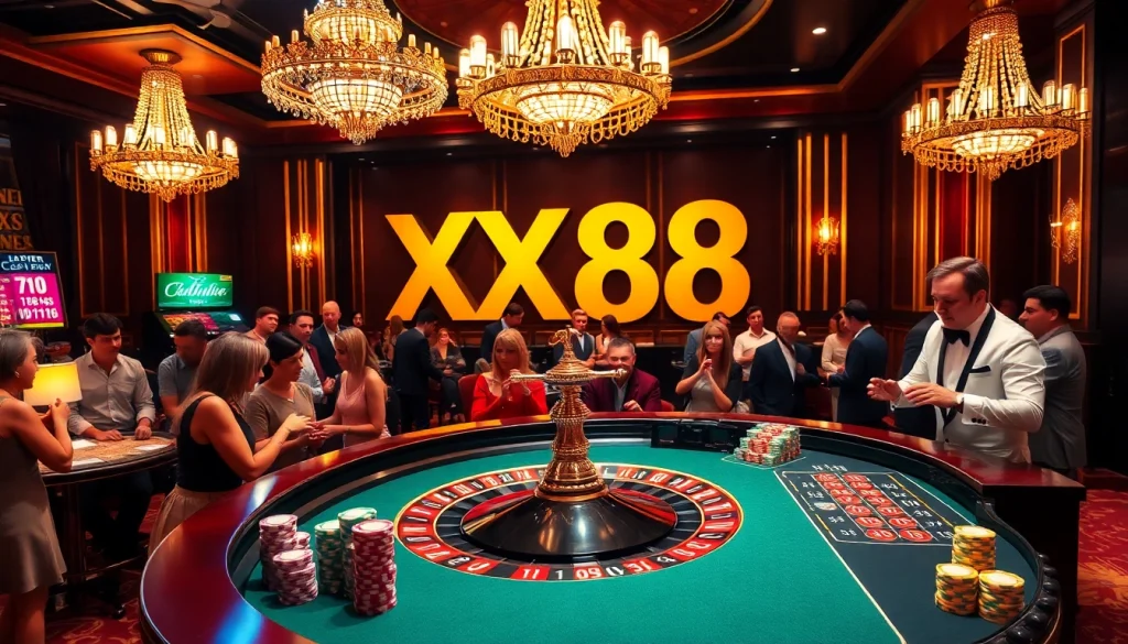 Exciting gambling scene at XX88 casino with roulette, chips, and enthusiastic players.