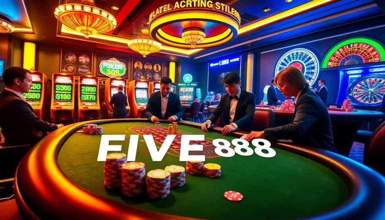 Players enjoying a thrilling game at the FIVE88 casino poker table, surrounded by vibrant slot machines.