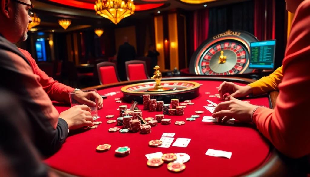 Players engaging in a thrilling poker game at a TPJ-themed casino, showcasing vibrant poker chips and cards.