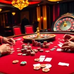 Players engaging in a thrilling poker game at a TPJ-themed casino, showcasing vibrant poker chips and cards.