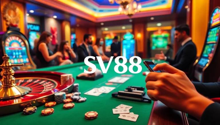 Experience the excitement of SV88 with vibrant casino elements including poker chips, cards, and a roulette wheel.