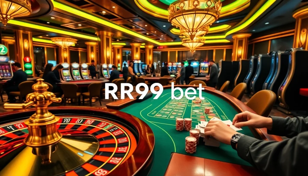 RR99 bet excitement captured as players engage with roulette and poker tables in a luxury casino setting.