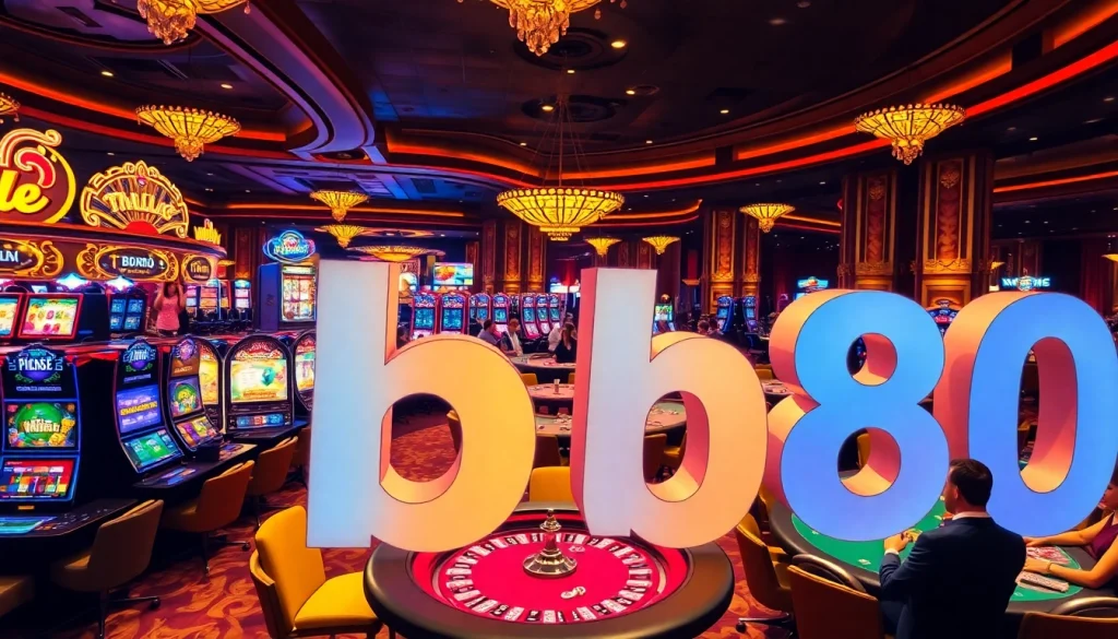 Players enjoying thrilling games at the Fb88 casino with vibrant slot machines and poker tables.