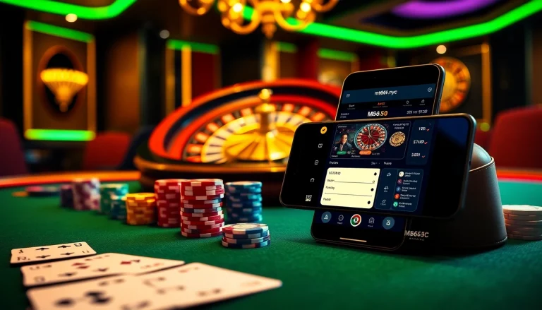 Experience thrilling gameplay at mb66.nyc with vibrant poker chips and a roulette wheel.