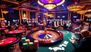 Thabet casino experience with poker tables, roulette wheel, and vibrant gaming atmosphere.