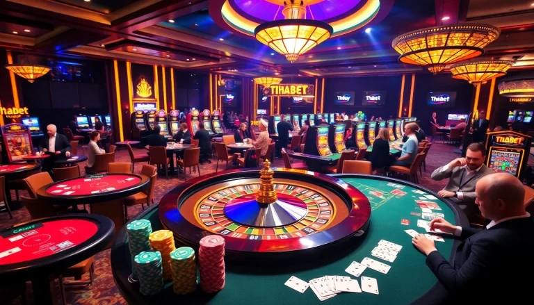 Thabet casino experience with poker tables, roulette wheel, and vibrant gaming atmosphere.