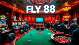 Patrons celebrating wins at FLY 88 casino, with vibrant slot machines and a roulette wheel.