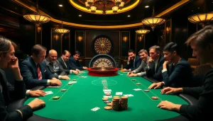 Fabet players engaging in a high-stakes poker game amidst a glamorous casino setting.