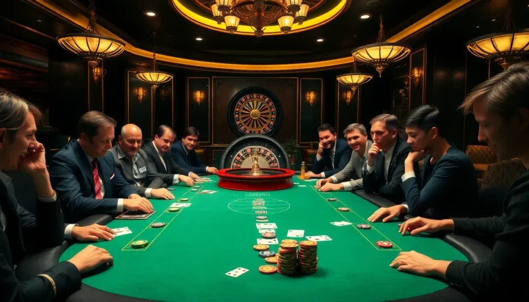 Fabet players engaging in a high-stakes poker game amidst a glamorous casino setting.