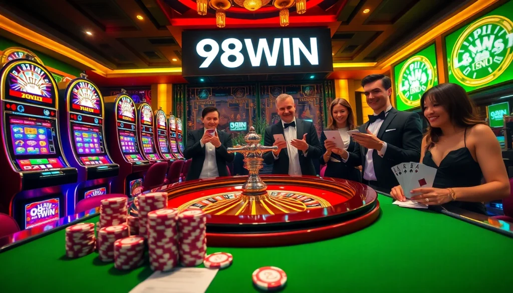 Experience the thrill of gaming at 98WIN with vibrant slots and an elegant roulette wheel.