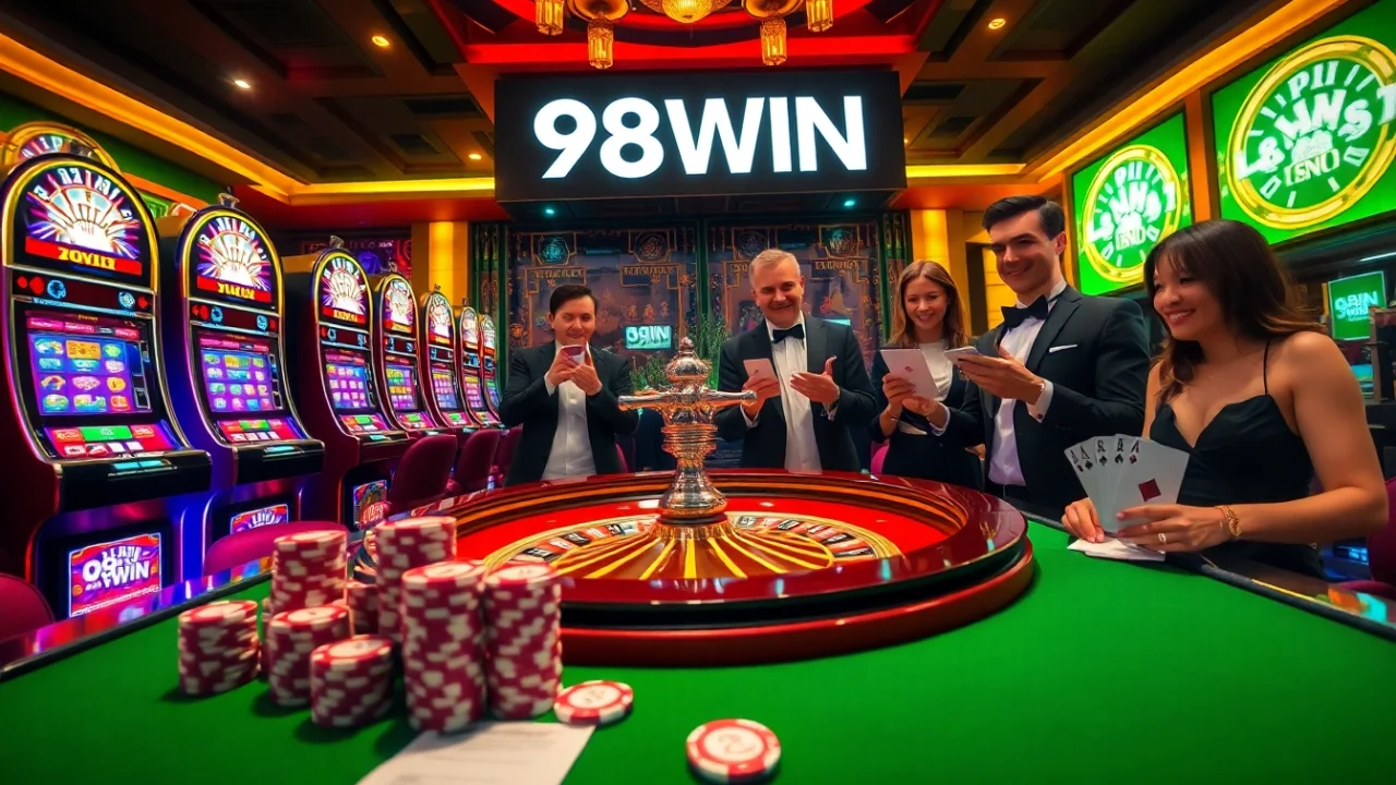 Experience the thrill of gaming at 98WIN with vibrant slots and an elegant roulette wheel.
