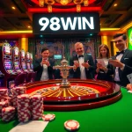 Experience the thrill of gaming at 98WIN with vibrant slots and an elegant roulette wheel.