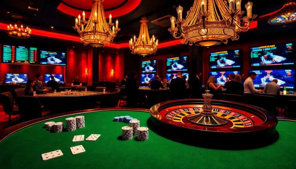 8xbet players engaging fervently at a high-stakes casino table with vibrant betting displays.