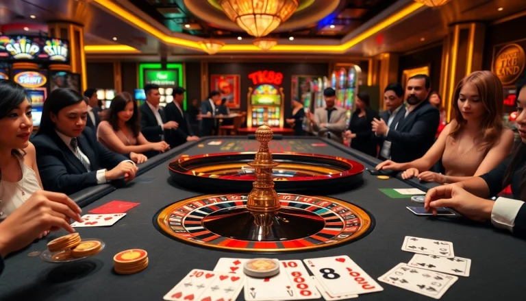 Players enjoy high-stakes action at the TK88 casino table, featuring dynamic roulette and card games.