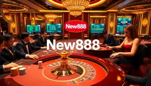 Players enjoying poker and roulette at the New888 casino table, highlighting a vibrant and luxurious gambling experience.