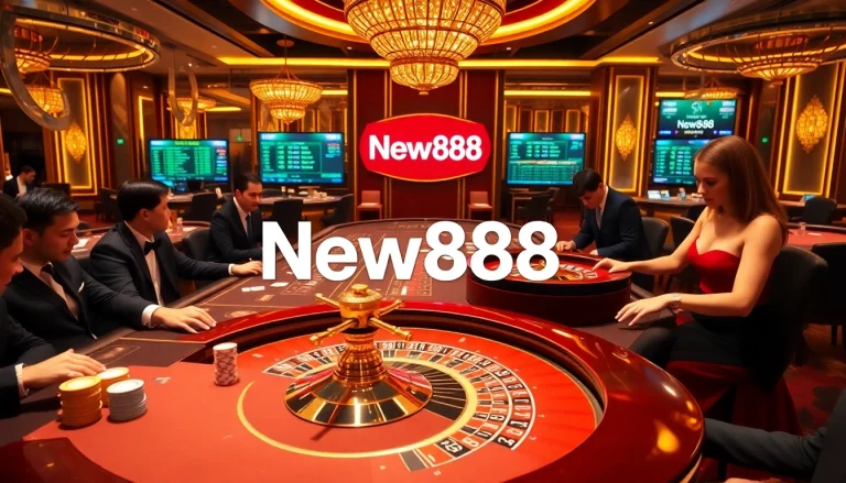 Players enjoying poker and roulette at the New888 casino table, highlighting a vibrant and luxurious gambling experience.