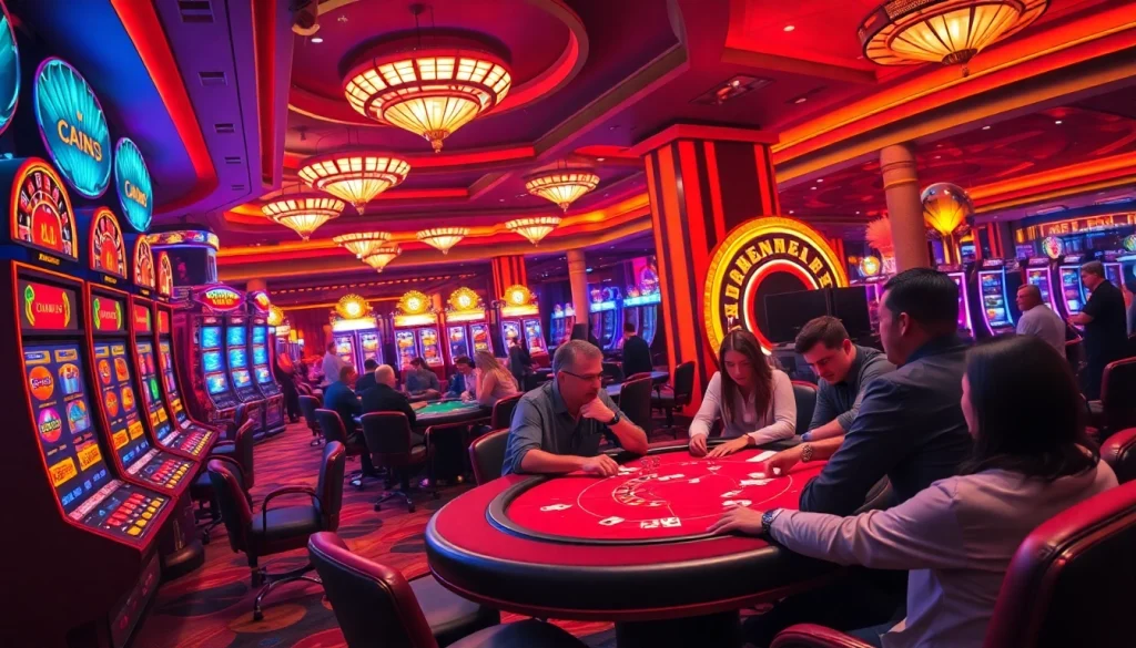 Players enjoying the thrill of gambling at a casino homepage filled with vibrant slot machines.