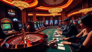 Players enjoying high-stakes poker at FLY88.DEAL, surrounded by luxurious gambling elements.