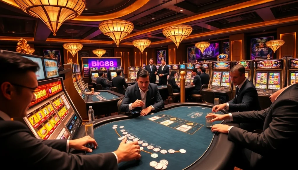 Gamblers engaging at a poker table and enjoying slot games, representing the vibrant experience of Big88.com.