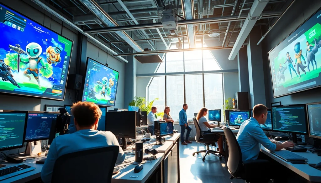 Developers collaborating in a modern studio focused on game AI innovation.